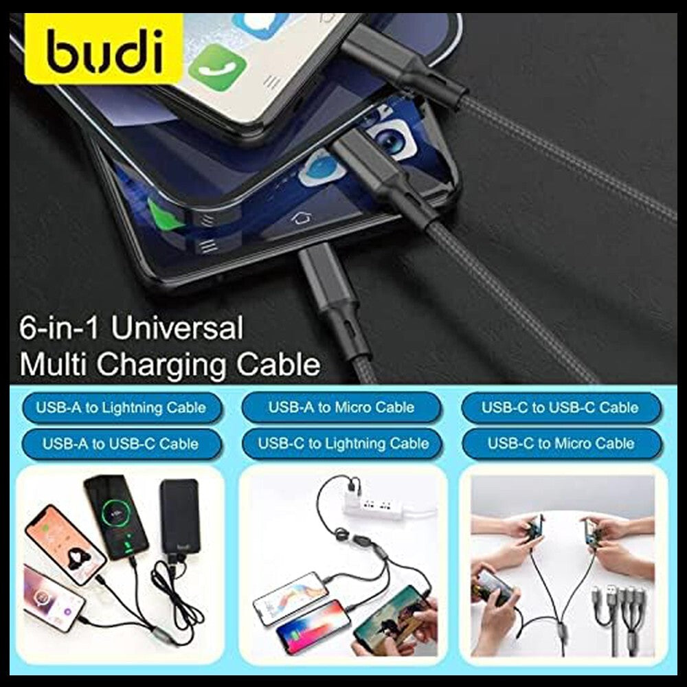 Budi 6-in-1 Multi Fast Charging Cable For Mobile Devices USB Type-C Micro iPhone