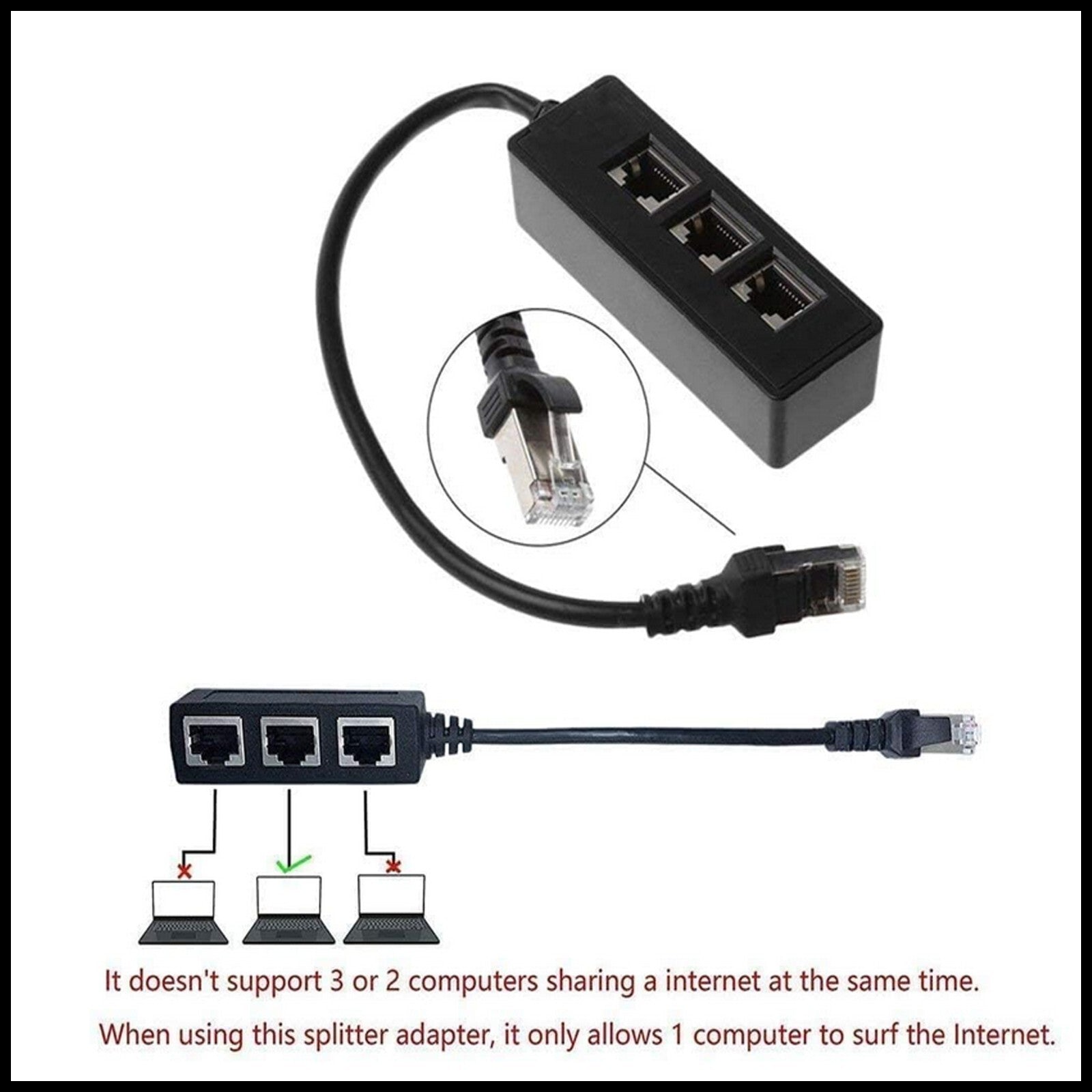 For RJ45 Fast Ethernet Splitter 1 Male to 3 Female LAN Network Cable Adapter