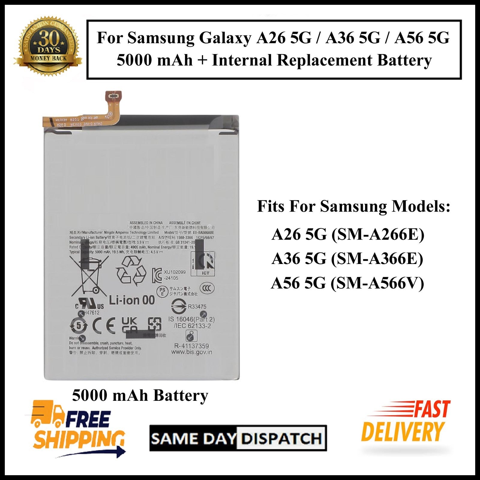 For Samsung Galaxy A26 5G /A36 5G /A56 5G 5000mAh+ Internal Replacement Battery