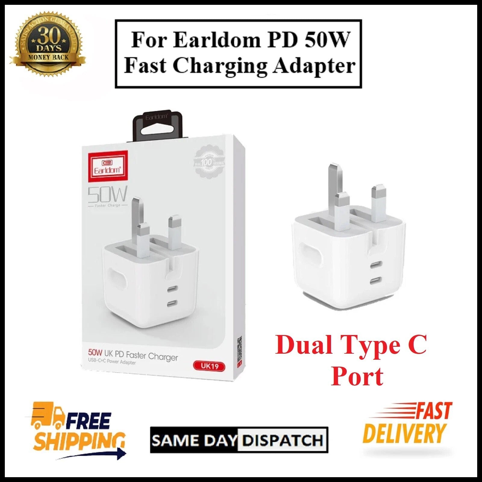 For Earldom Dual Interface PD 50W & Dual Type C Fast Wall Charging Adapter