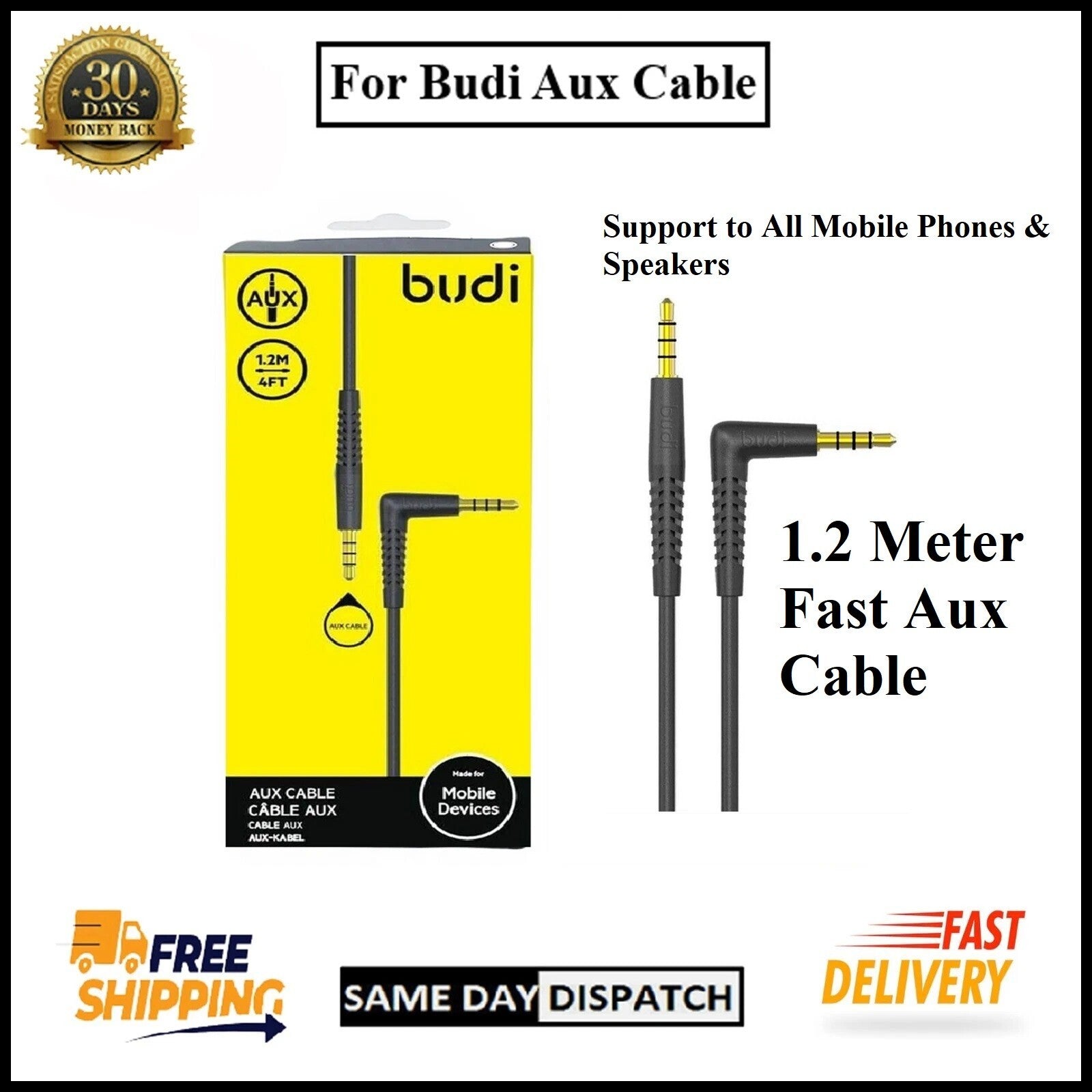 For Budi 3.5mm Jack to Jack  Fast AUX Audio Cable-1.2M