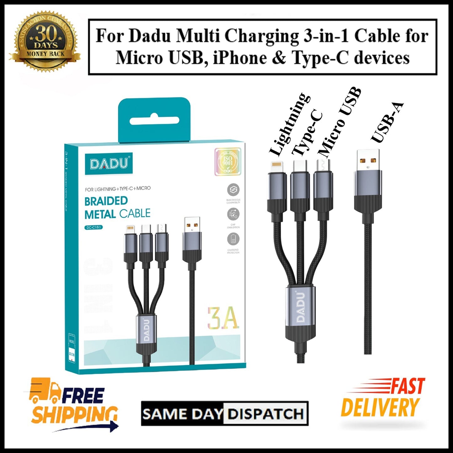 For Dadu 3-in-1 Multi Fast USB Charging Cable For iPhone/Type-C/Micro USB
