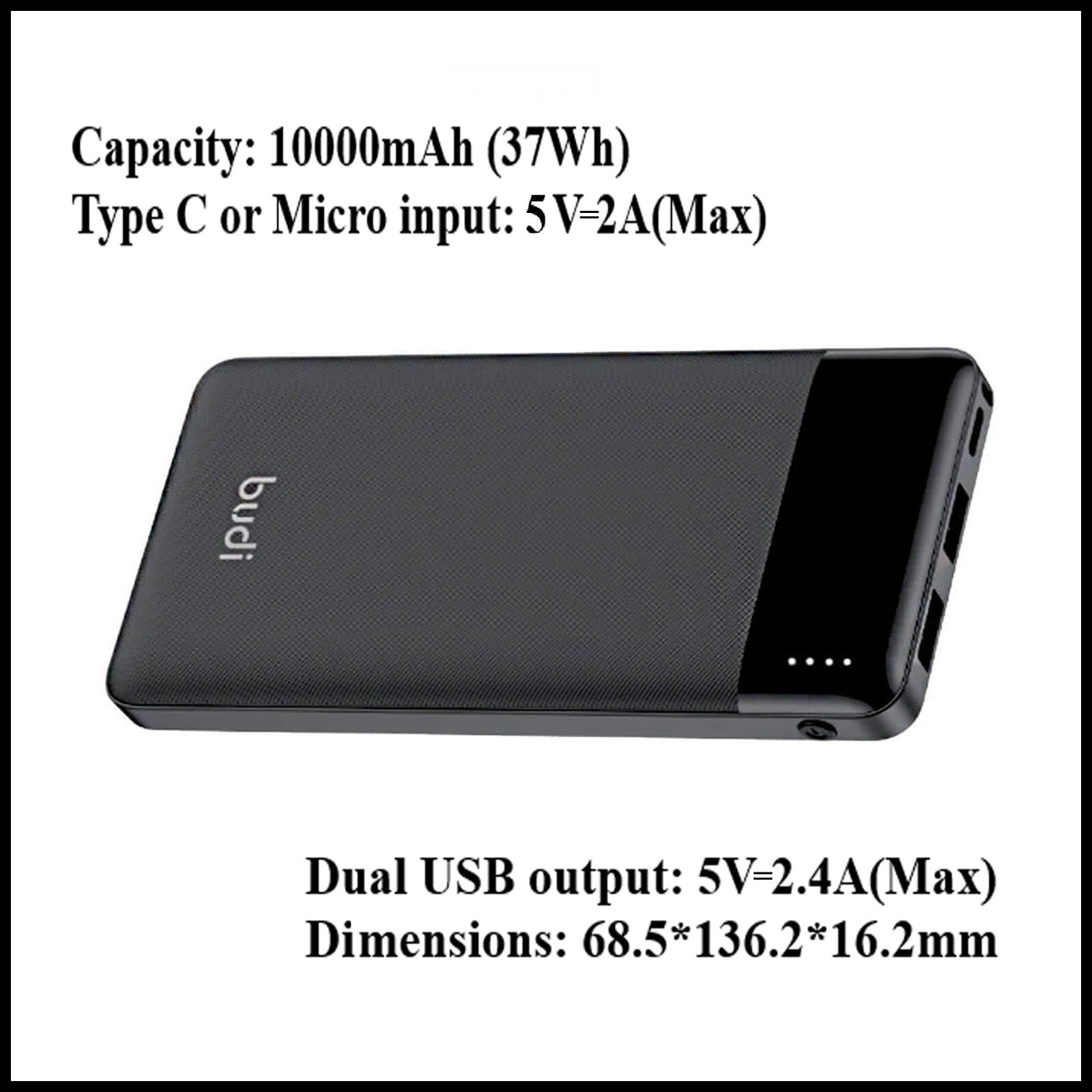 For Budi 10000mAh Pocket Power Bank Fast Charging Double USB Ports