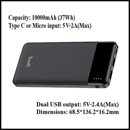 For Budi 10000mAh Pocket Power Bank Fast Charging Double USB Ports