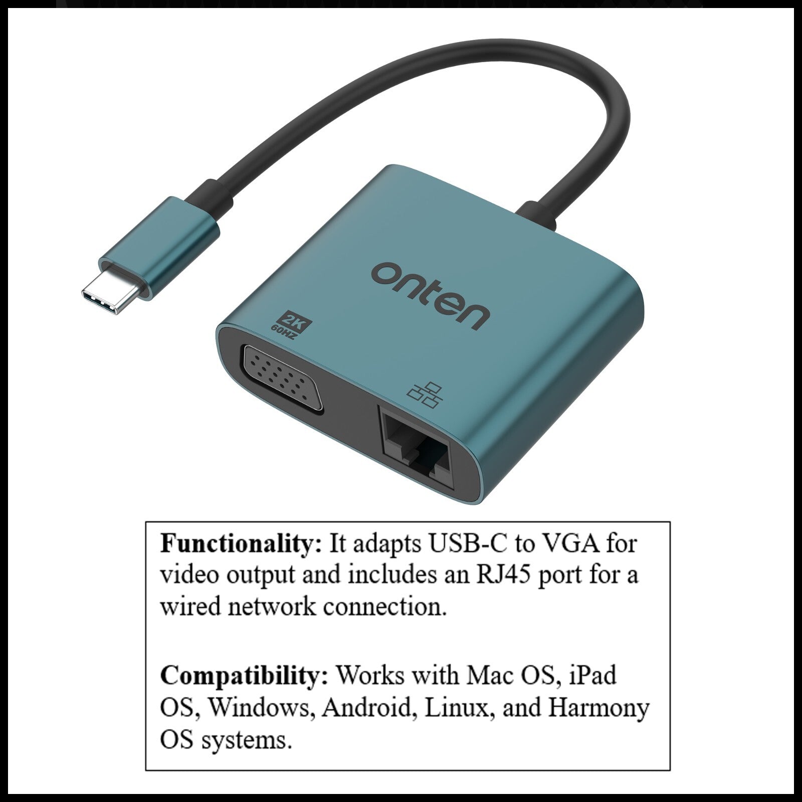 For Onten UC289 USB-C to VGA 2K 60Hz Converter Adapter With RJ45 (100M)
