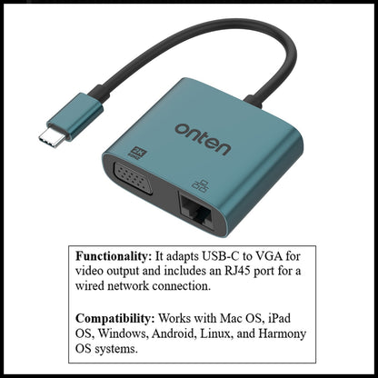 For Onten UC289 USB-C to VGA 2K 60Hz Converter Adapter With RJ45 (100M)