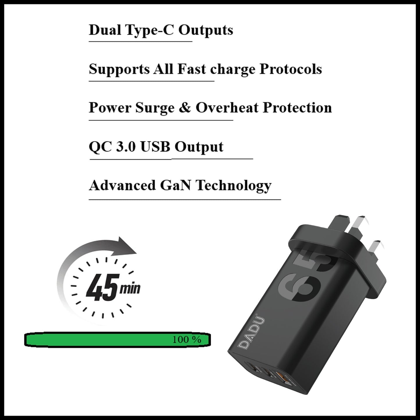 For Dadu GaN 65W PD Dual Type-C USB QC 3.0 Super Fast Wall Charger Adapter Plug