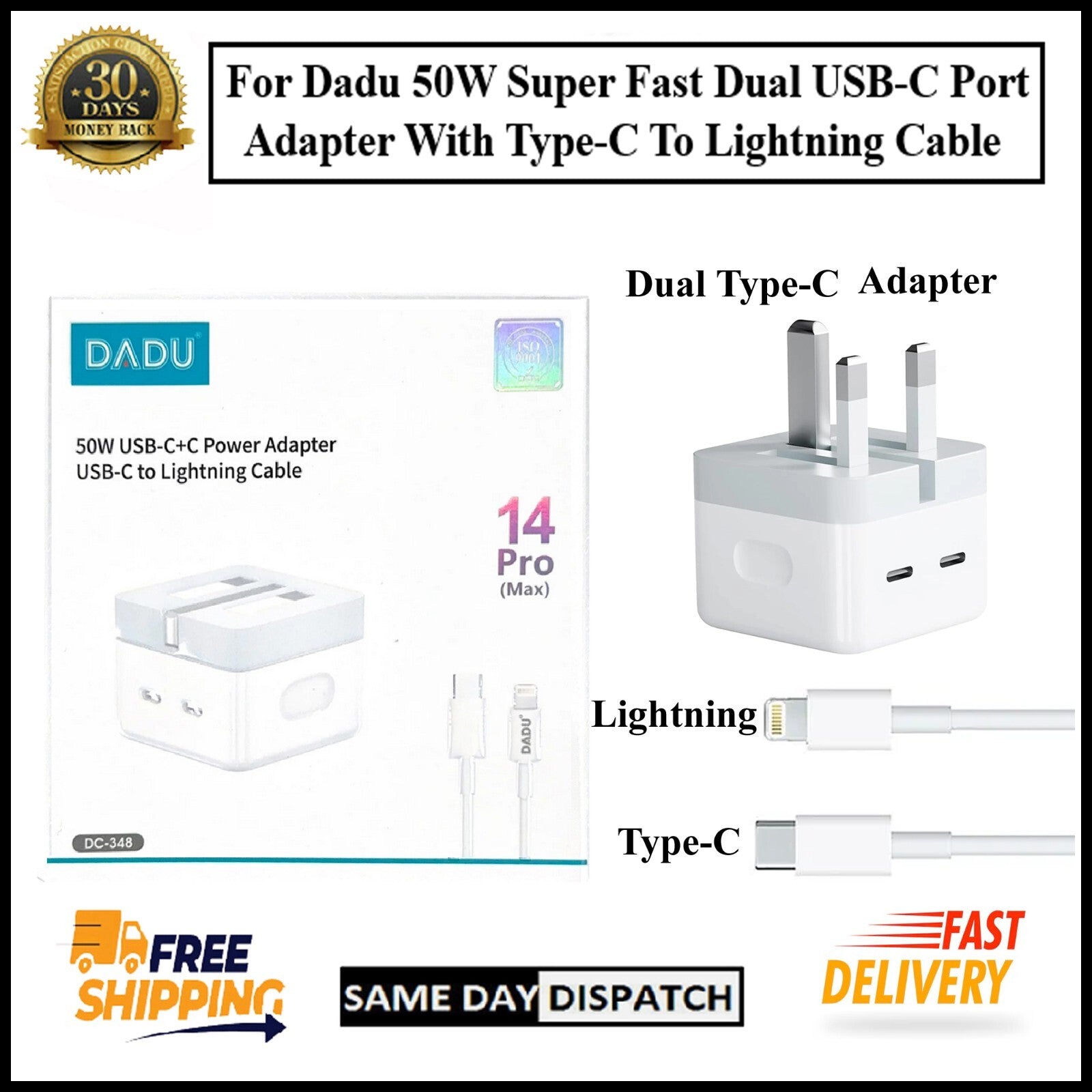 For Dadu 50W Type-C Power Adapter With Type-C to iPhone Fast Charger Cable
