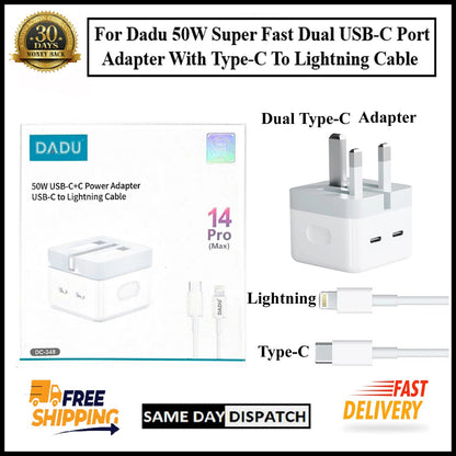 For Dadu 50W Type-C Power Adapter With Type-C to iPhone Fast Charger Cable