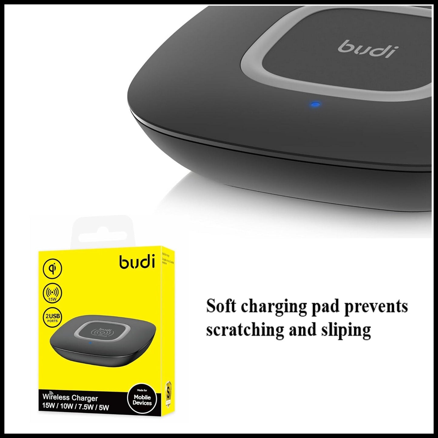 For Budi Wireless Charger Fast Charging Pad 15W/10W/7.5W/5W With Dual USB Ports
