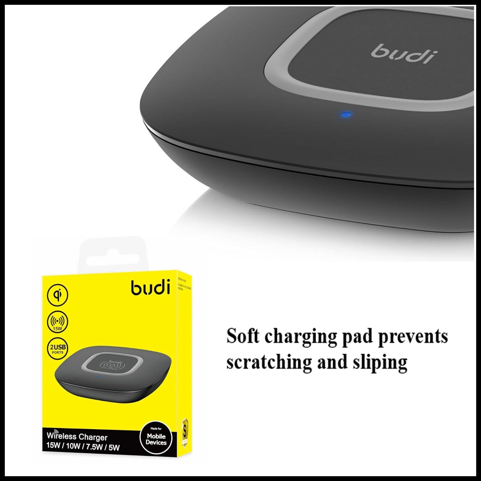 For Budi Wireless Charger Fast Charging Pad 15W/10W/7.5W/5W With Dual USB Ports