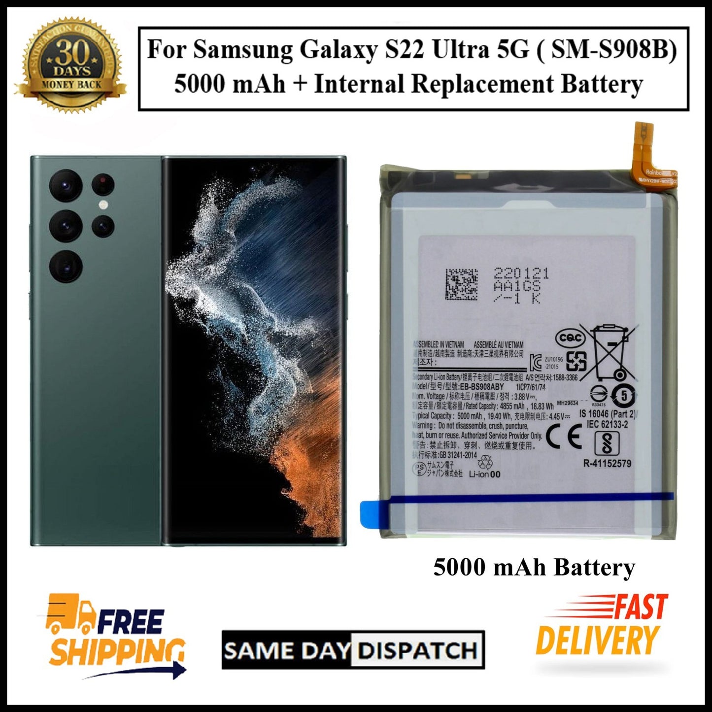 For Samsung Galaxy S22 Ultra 5G (SM-S908B) 5000mAh+ Internal Replacement Battery