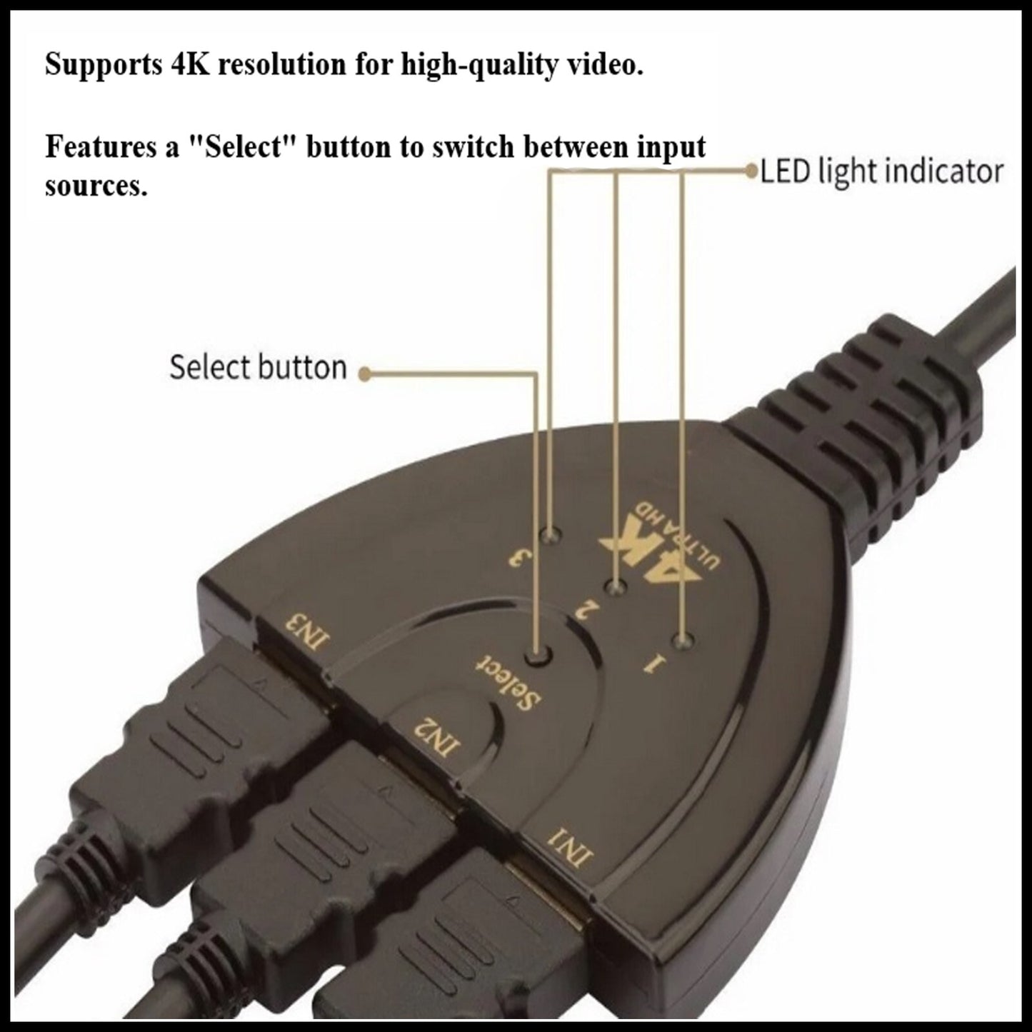 For Onten HDMI Switch 3-Port HDMI Splitter Switcher Supports, Full HD Cable- 4K