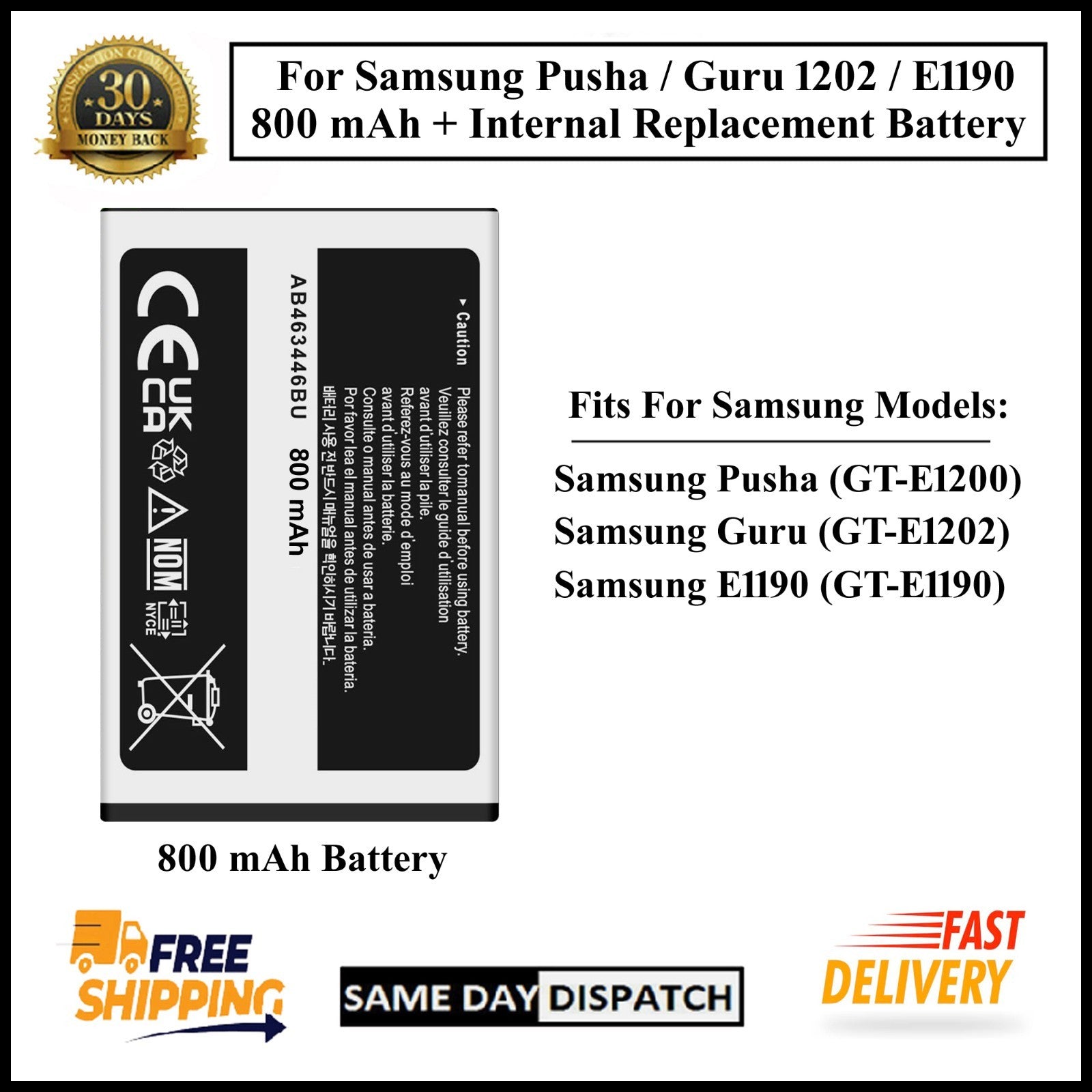For Samsung Galaxy GT-E1200/E1202/E1190 800mAh+ Internal Replacement Battery