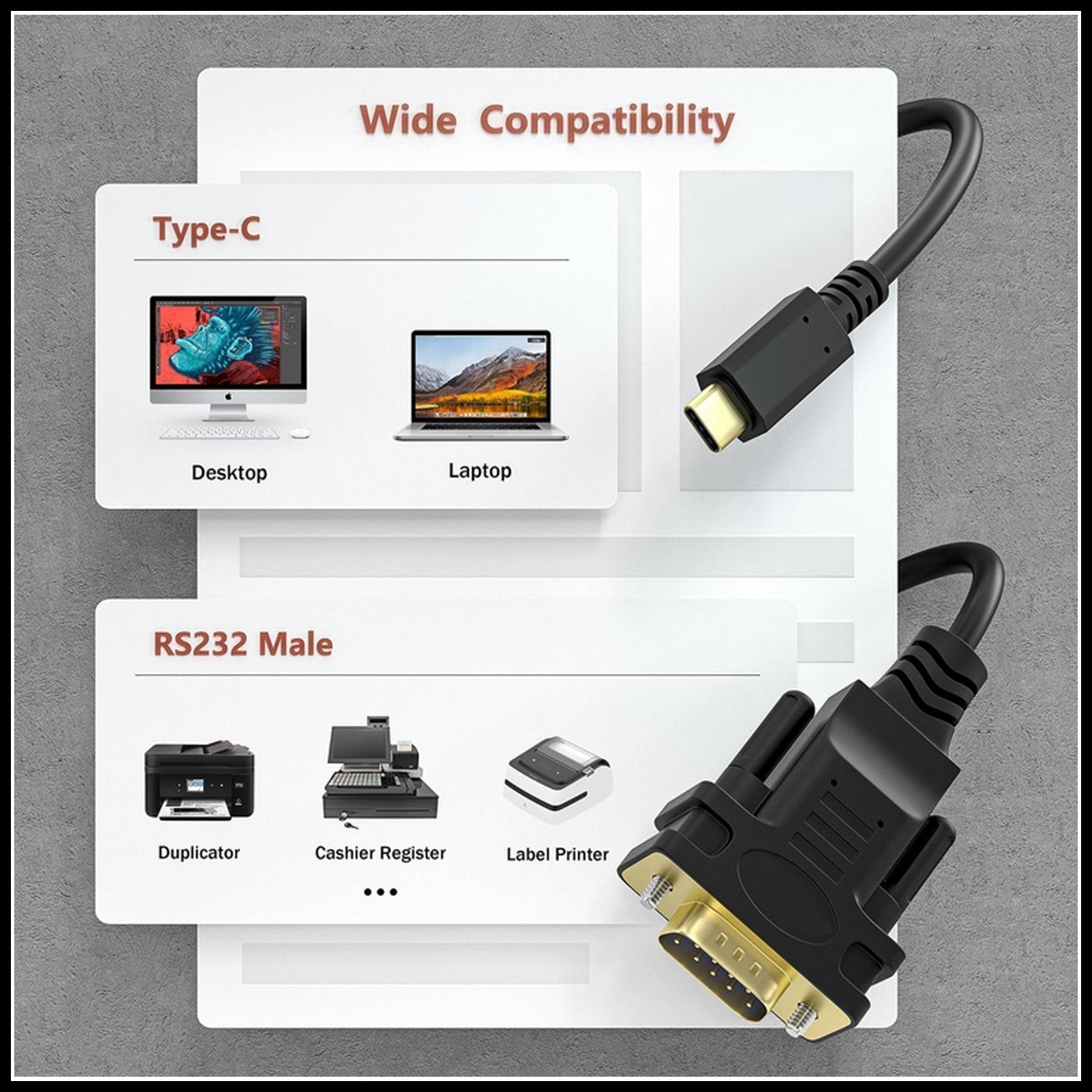 For USB Type-C to DB9- 9 Pin RS232 Serial Male Fast Converter Adapter Cable