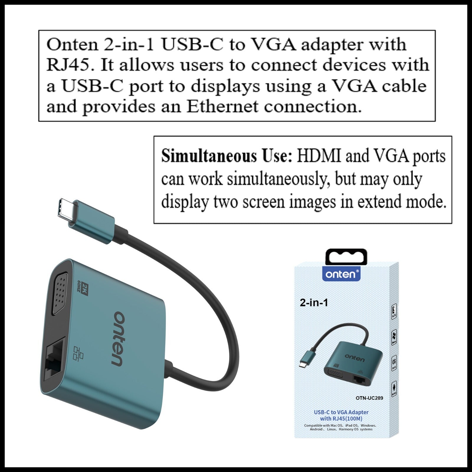 For Onten UC289 USB-C to VGA 2K 60Hz Converter Adapter With RJ45 (100M)