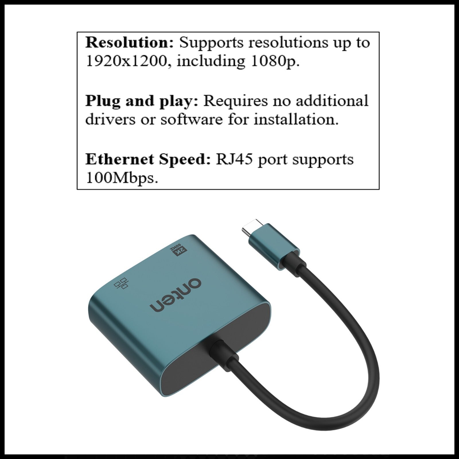 For Onten UC289 USB-C to VGA 2K 60Hz Converter Adapter With RJ45 (100M)