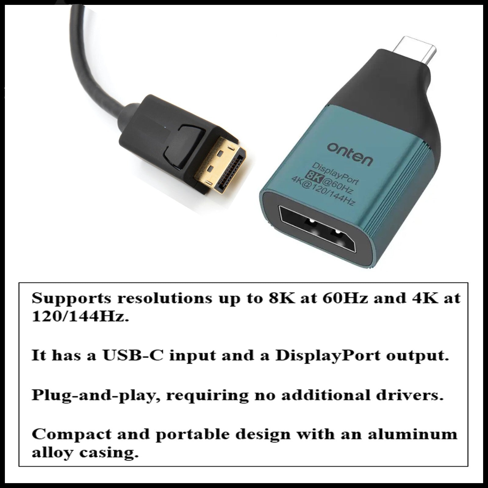 For Onten USB-C To Display Port (DP) Adapter 8K 60Hz Video Converter
