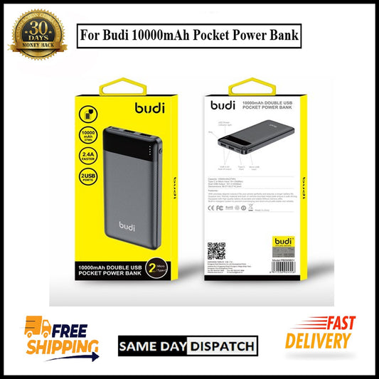 For Budi 10000mAh Pocket Power Bank Fast Charging Double USB Ports