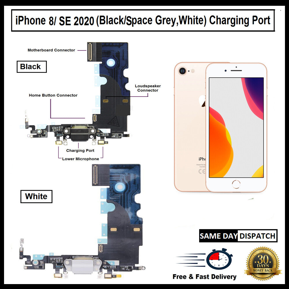 For i Phone 8 / SE 2020 Charging Port Flex ( Black/Grey/White) With Mic 