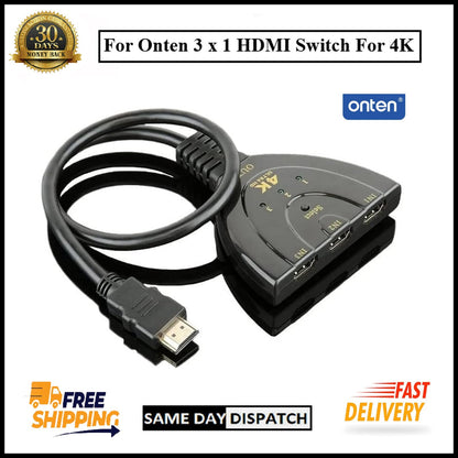 For Onten HDMI Switch 3-Port HDMI Splitter Switcher Supports, Full HD Cable- 4K