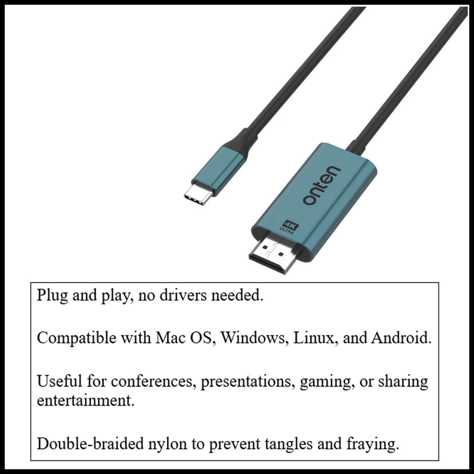 For Onten OTN-UC952 USB-C  to HDMI Cable Connector Adapter Screen Mirroring-1.8M