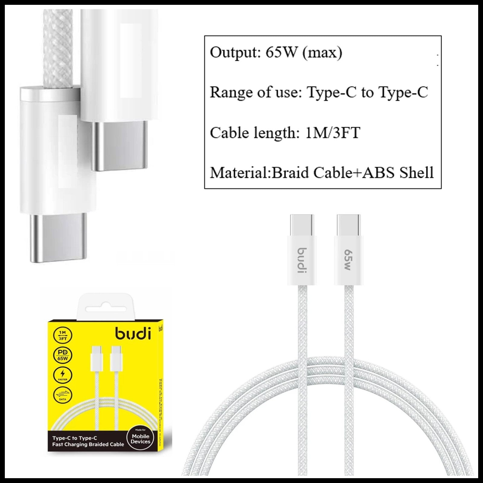 For Budi 65W Type-C to Type-C Braided Fast Charging Cable-1M
