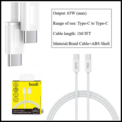 For Budi 65W Type-C to Type-C Braided Fast Charging Cable-1M