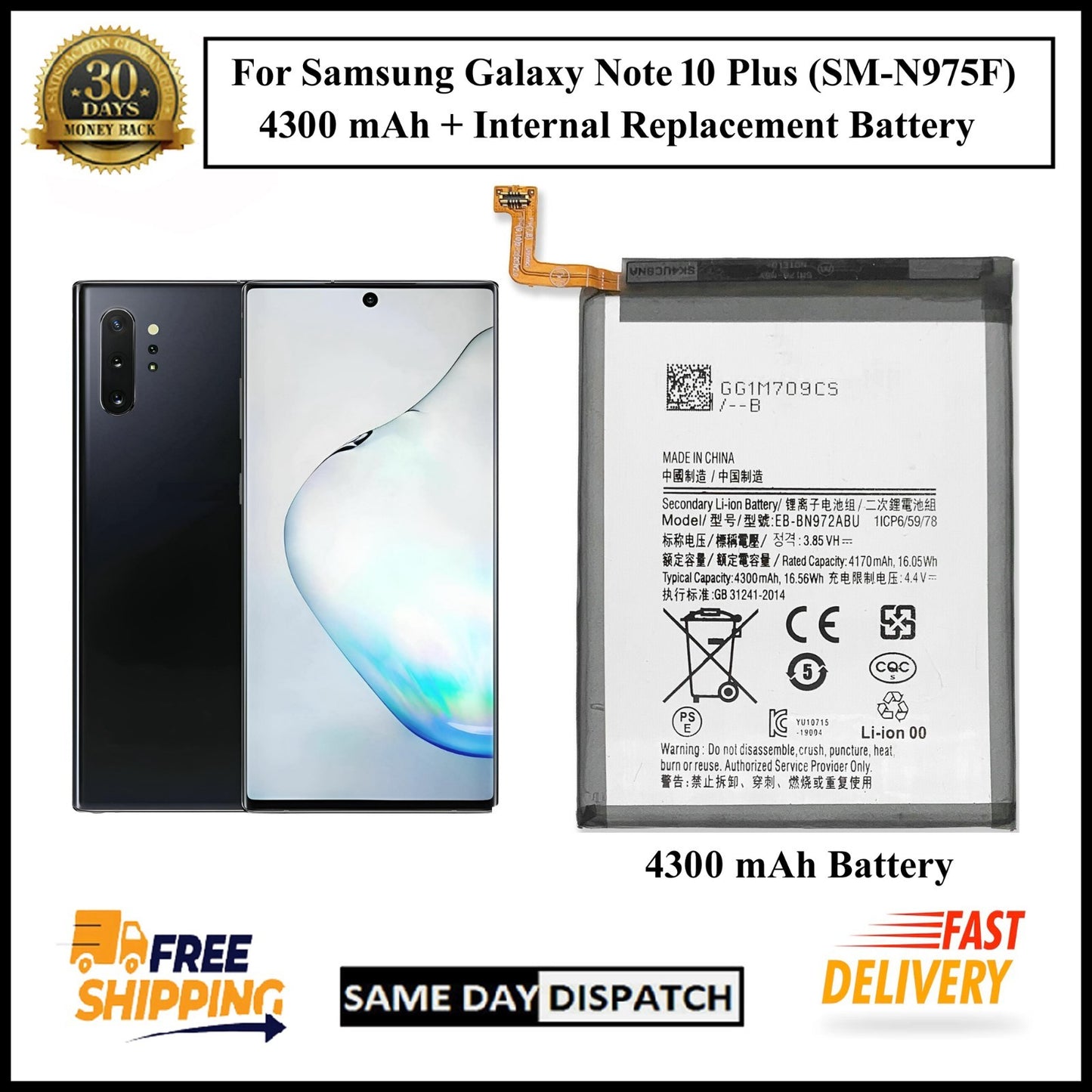 For Samsung Galaxy Note 10 Plus(SM-N975F) 4300mAh+ Internal Replacement Battery