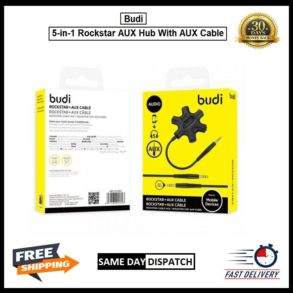 For Budi 5-in-1 Rockstar AUX Hub With AUX  Cable Headphone Splitter -Black