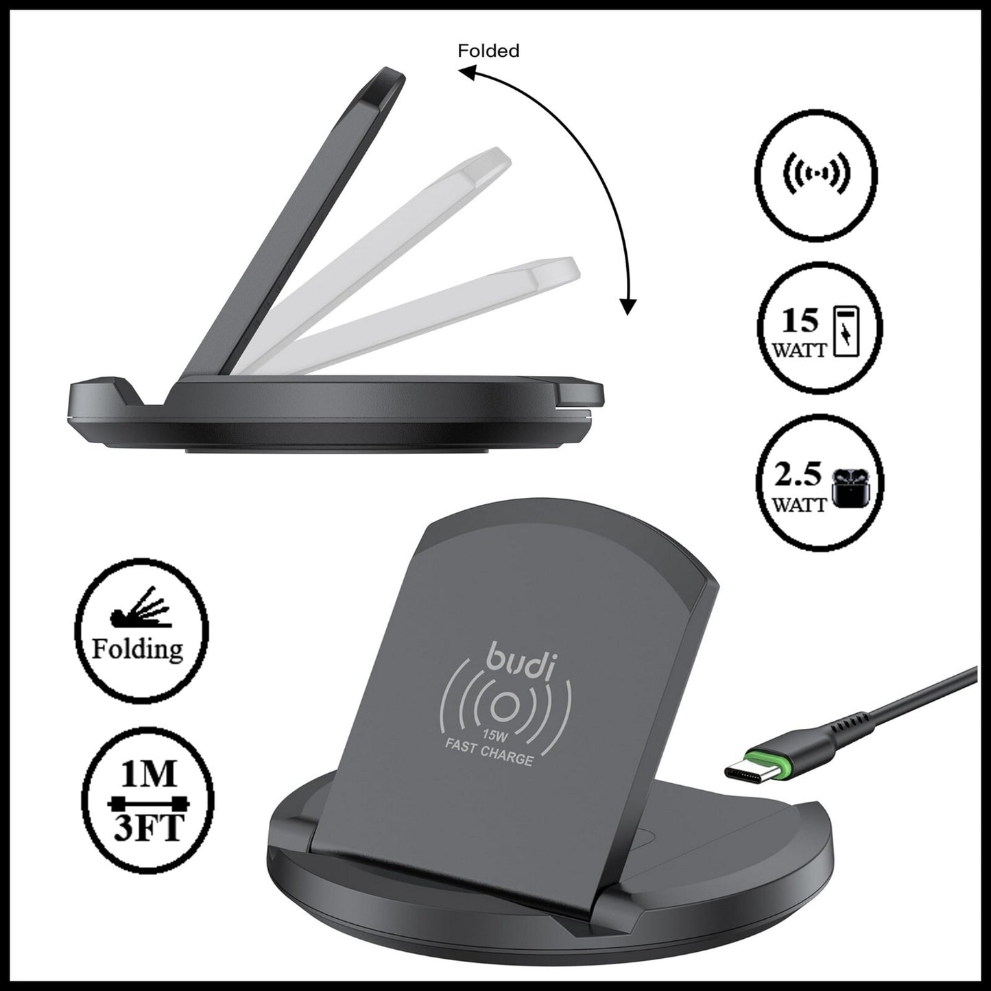For Budi Folding 2 in 1 Wireless Fast Charging Stand With USB-C Cable