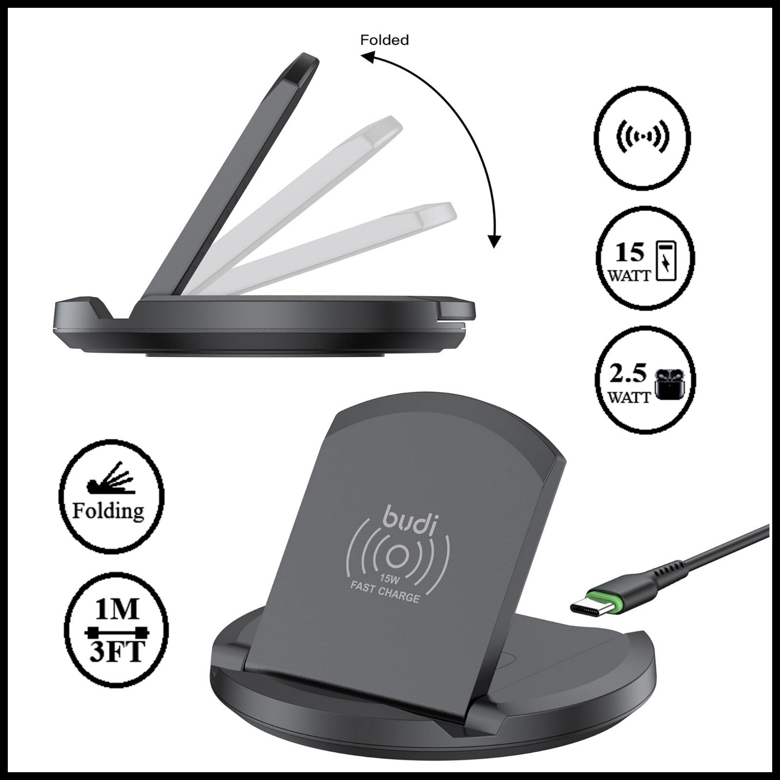 For Budi Folding 2 in 1 Wireless Fast Charging Stand With USB-C Cable