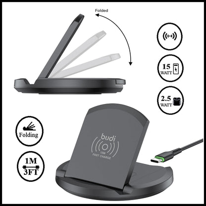 For Budi Folding 2 in 1 Wireless Fast Charging Stand With USB-C Cable