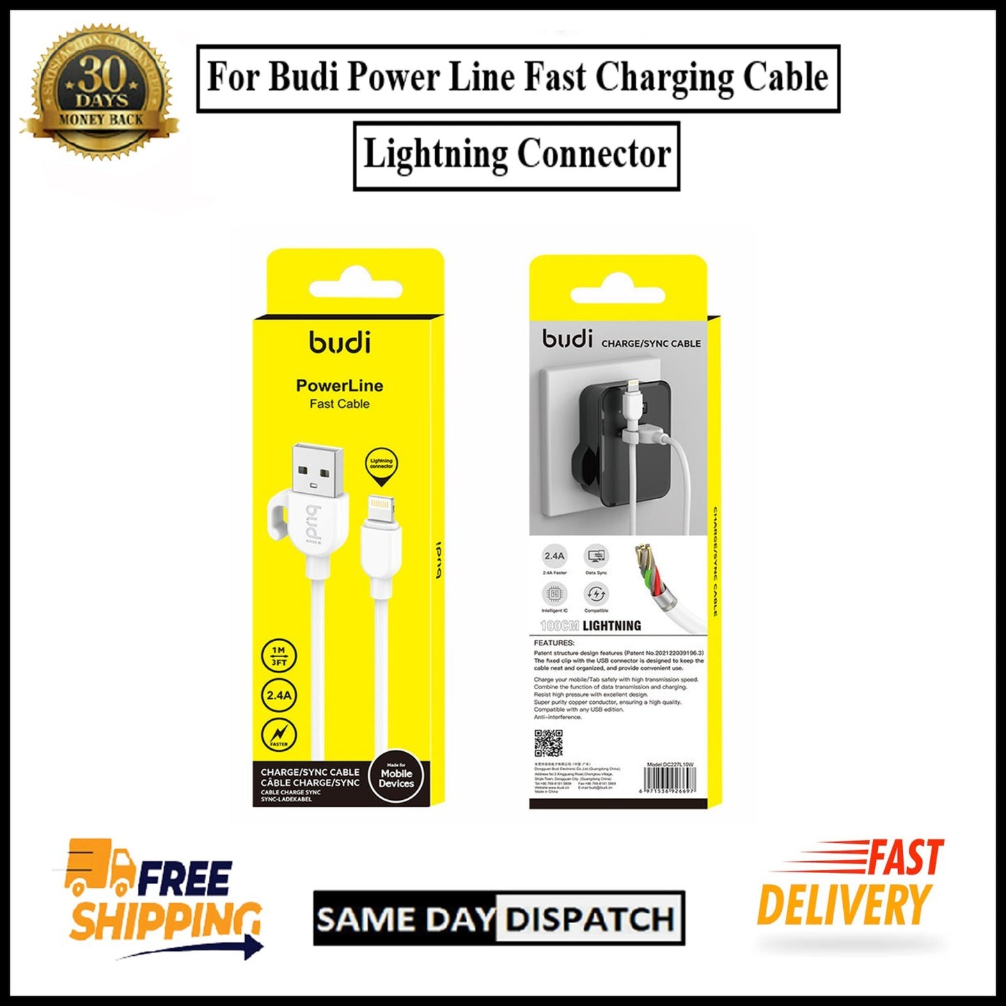For Budi USB to iPhone 1M Fast Charging Cable 2.4A