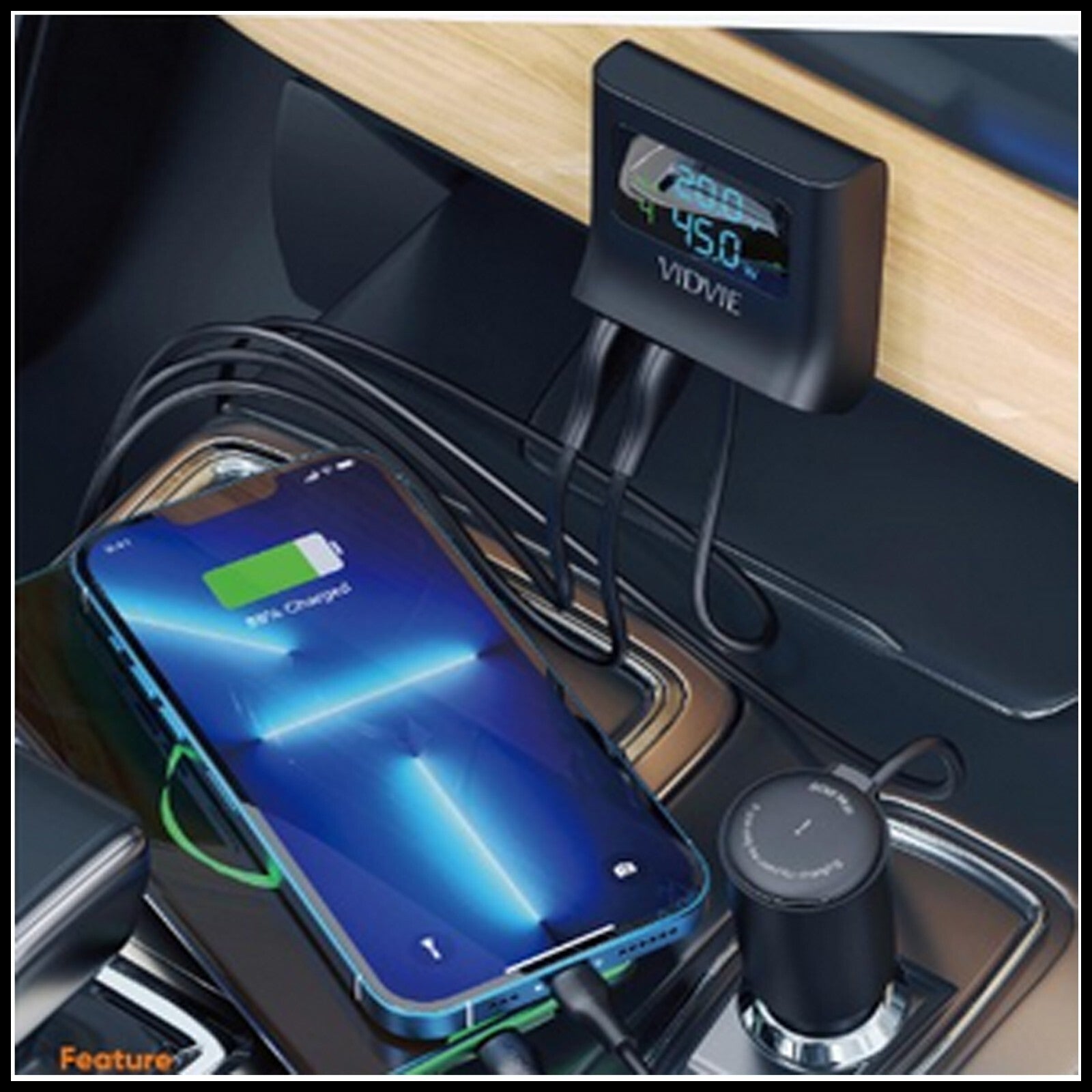 For Vidvie 60W Multifunction USB Fast Car Charger Hub With Display-4 Port