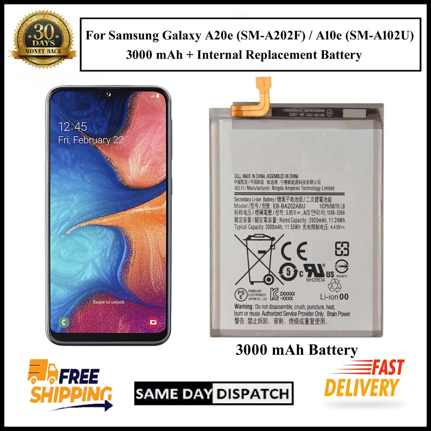 For Samsung Galaxy A20e /A10e /A202F/A102U 3000mAh+ Internal Replacement Battery