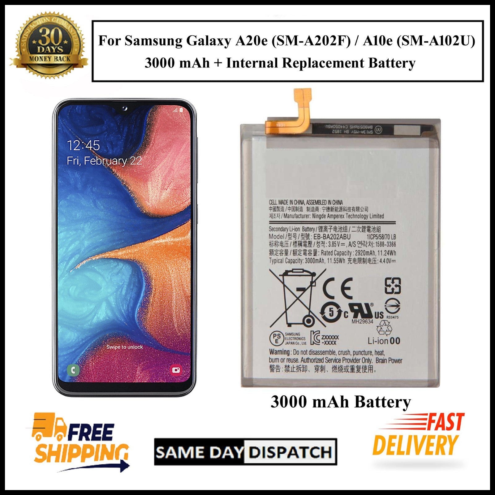 For Samsung Galaxy A20e /A10e /A202F/A102U 3000mAh+ Internal Replacement Battery