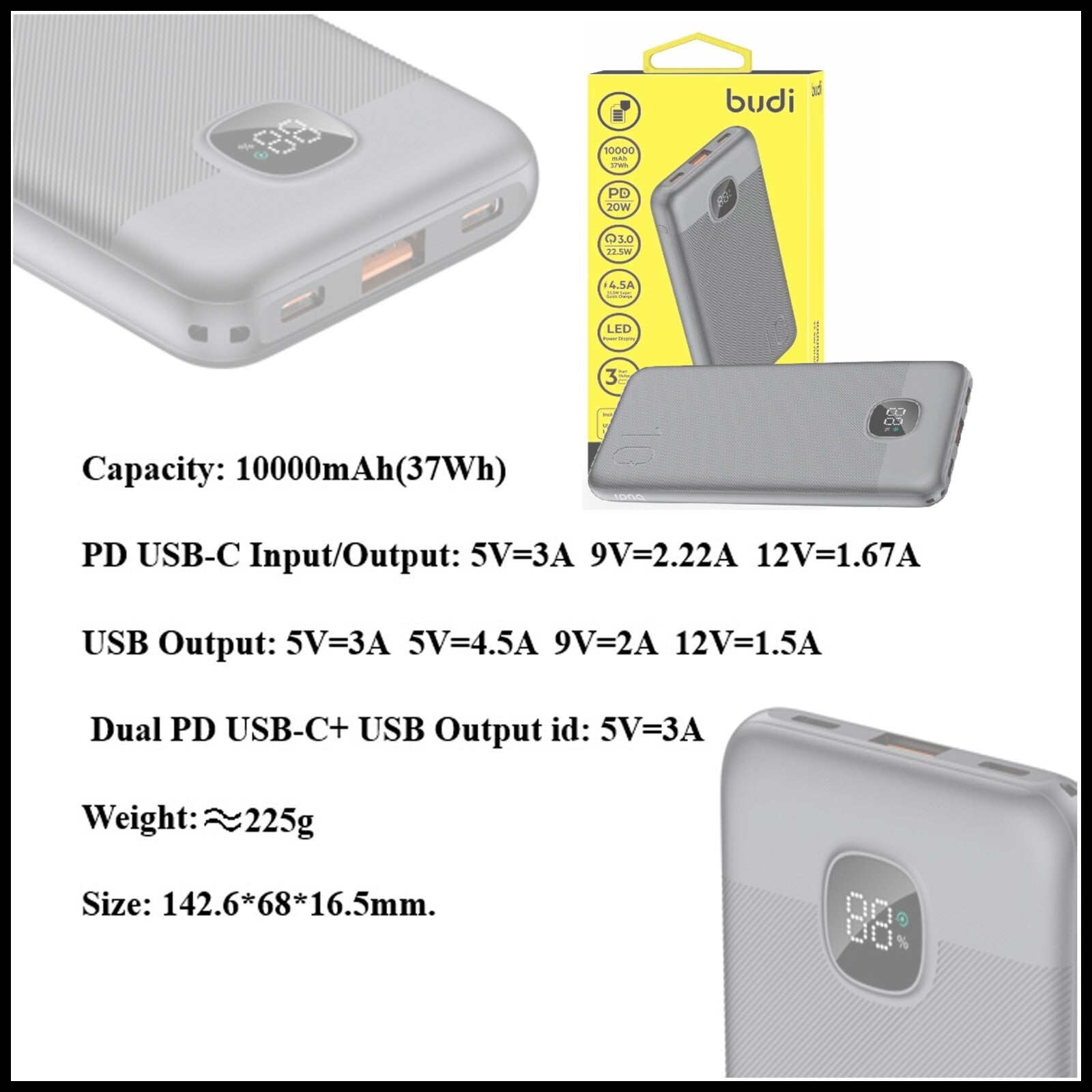 For Budi 22.5W Quick Charge Power Bank- 10000mAh Dual PD+QC 3.0