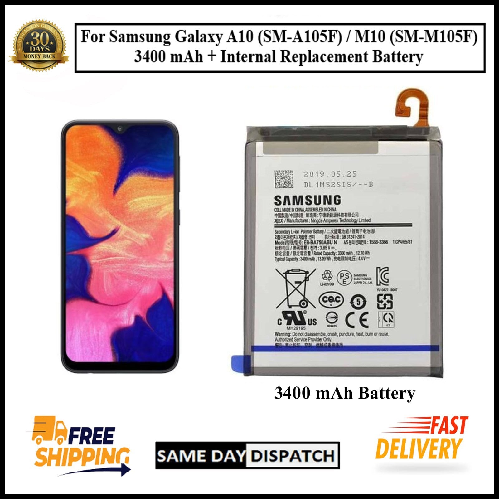 For Samsung Galaxy A10 /M10 (A105F /M105F) 3400mAh+ Internal Replacement Battery