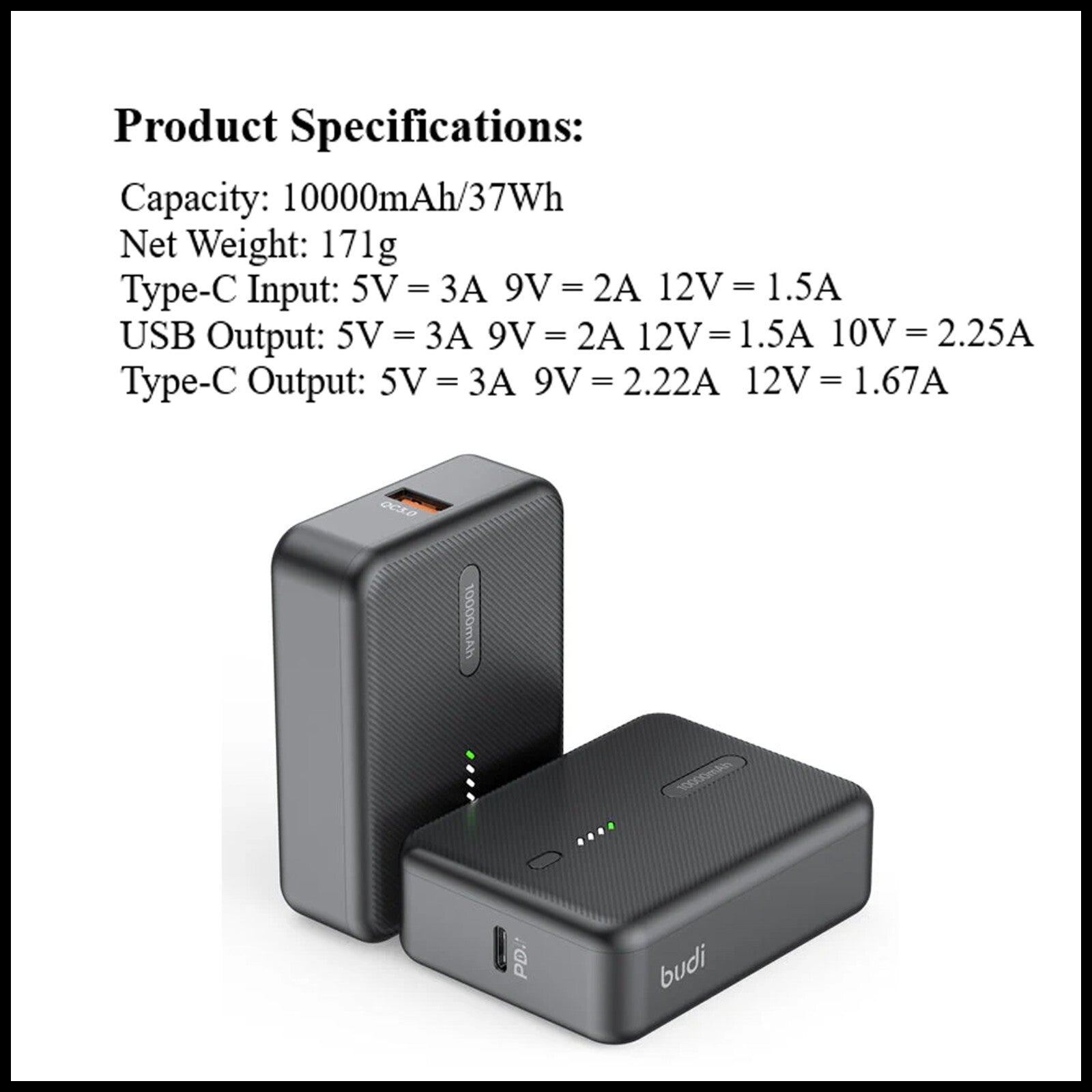 For Budi 10000mAh 20W PD+QC3.0 Mini Pocket Power Bank Fast Charging
