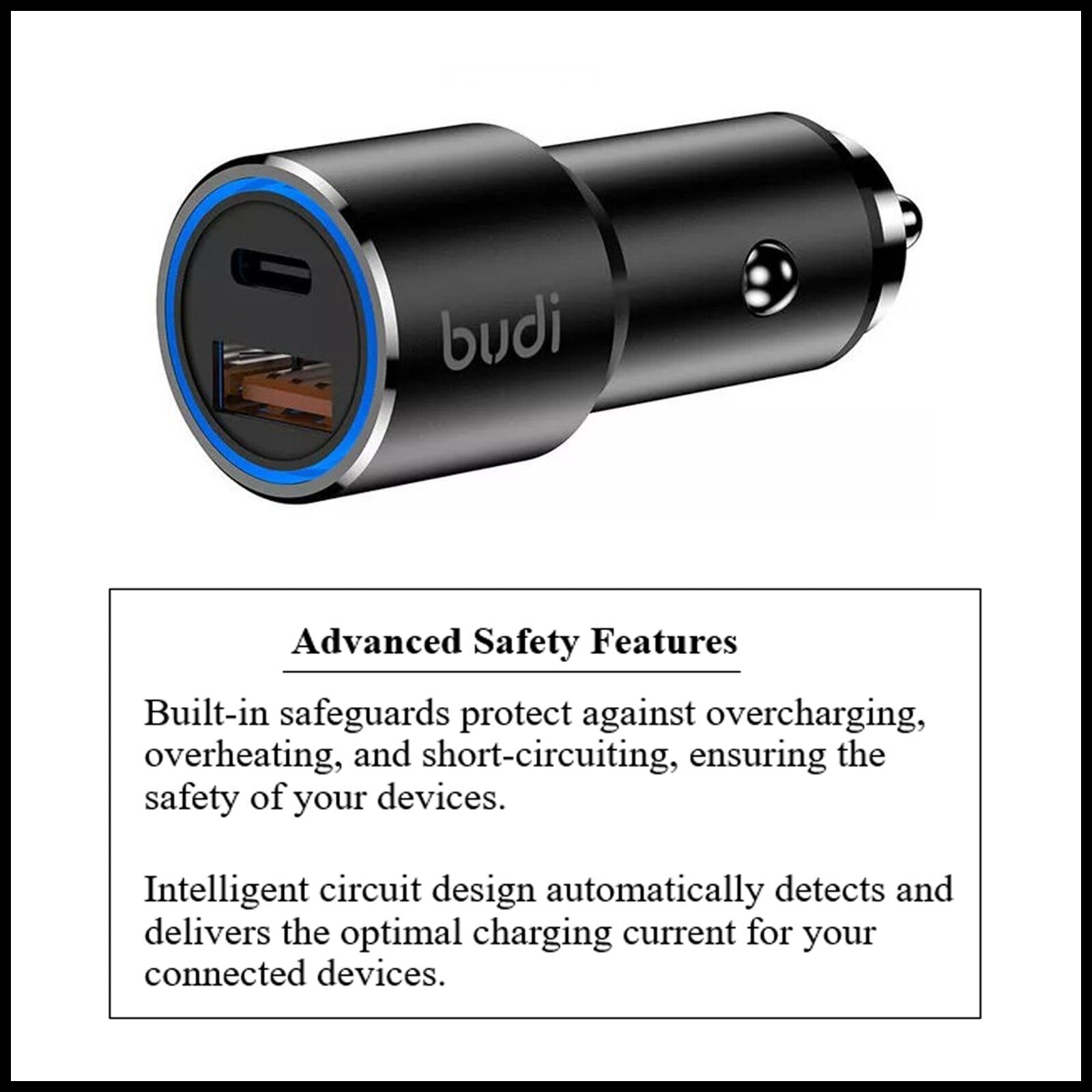 For Budi 38W Dual Port Car Charger USB-C PD 20W+QC 3.0 18W Fast Charging