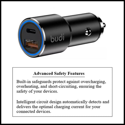 For Budi 38W Dual Port Car Charger USB-C PD 20W+QC 3.0 18W Fast Charging