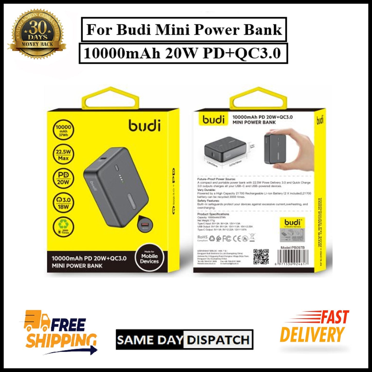 For Budi 10000mAh 20W PD+QC3.0 Mini Pocket Power Bank Fast Charging