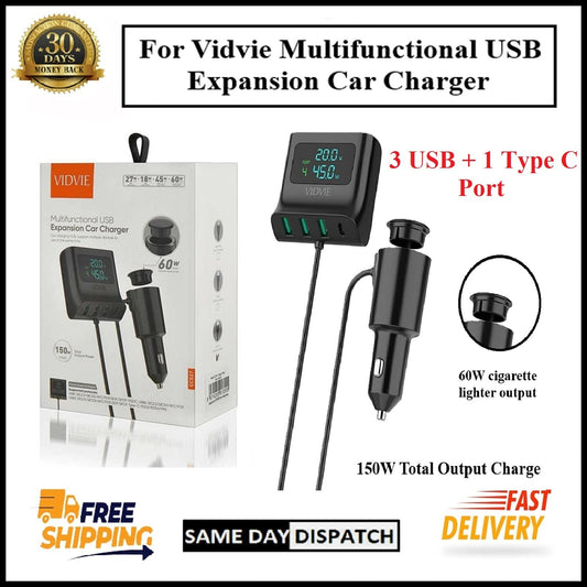 For Vidvie 60W Multifunction USB Fast Car Charger Hub With Display-4 Port