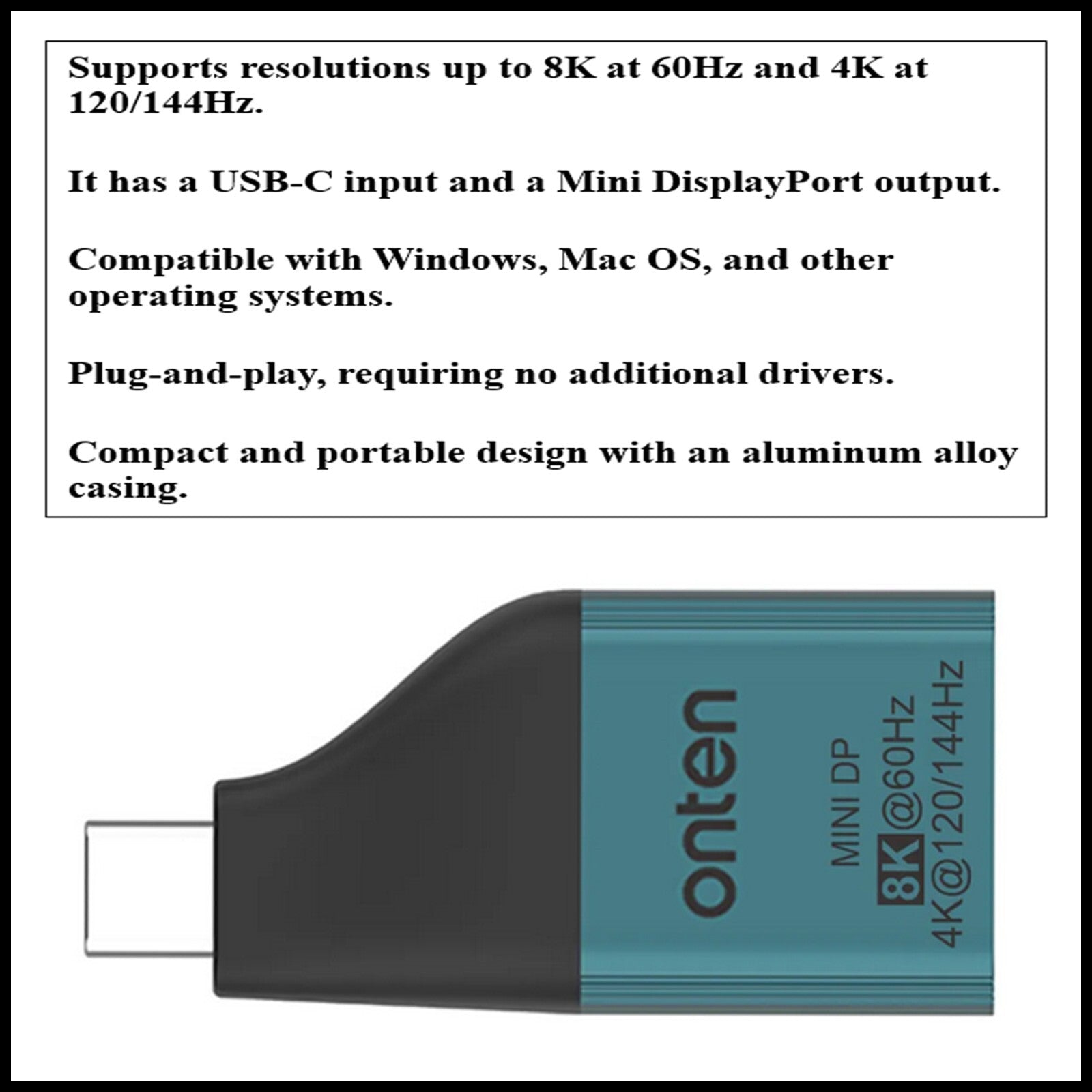 For Onten OTN-UC103M USB-C Male To Mini DP (Display Port) Female Adapter