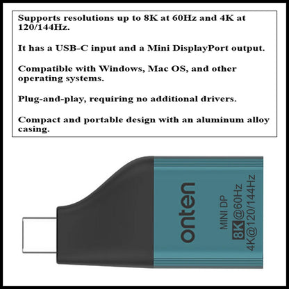 For Onten OTN-UC103M USB-C Male To Mini DP (Display Port) Female Adapter