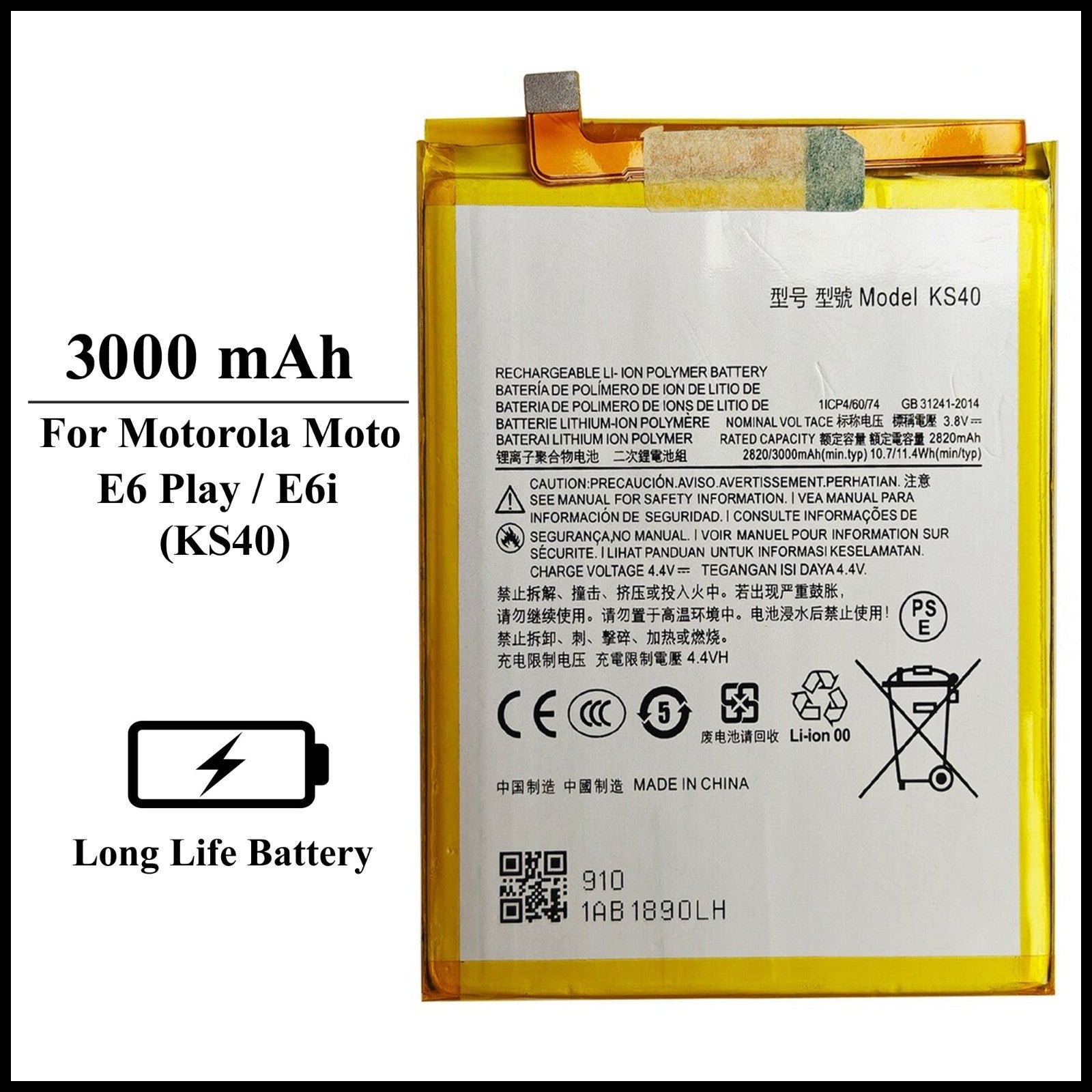 Motorola Moto E6 Play XT2029 / E6i (KS40) 3000mAh+ Internal Replacement Battery