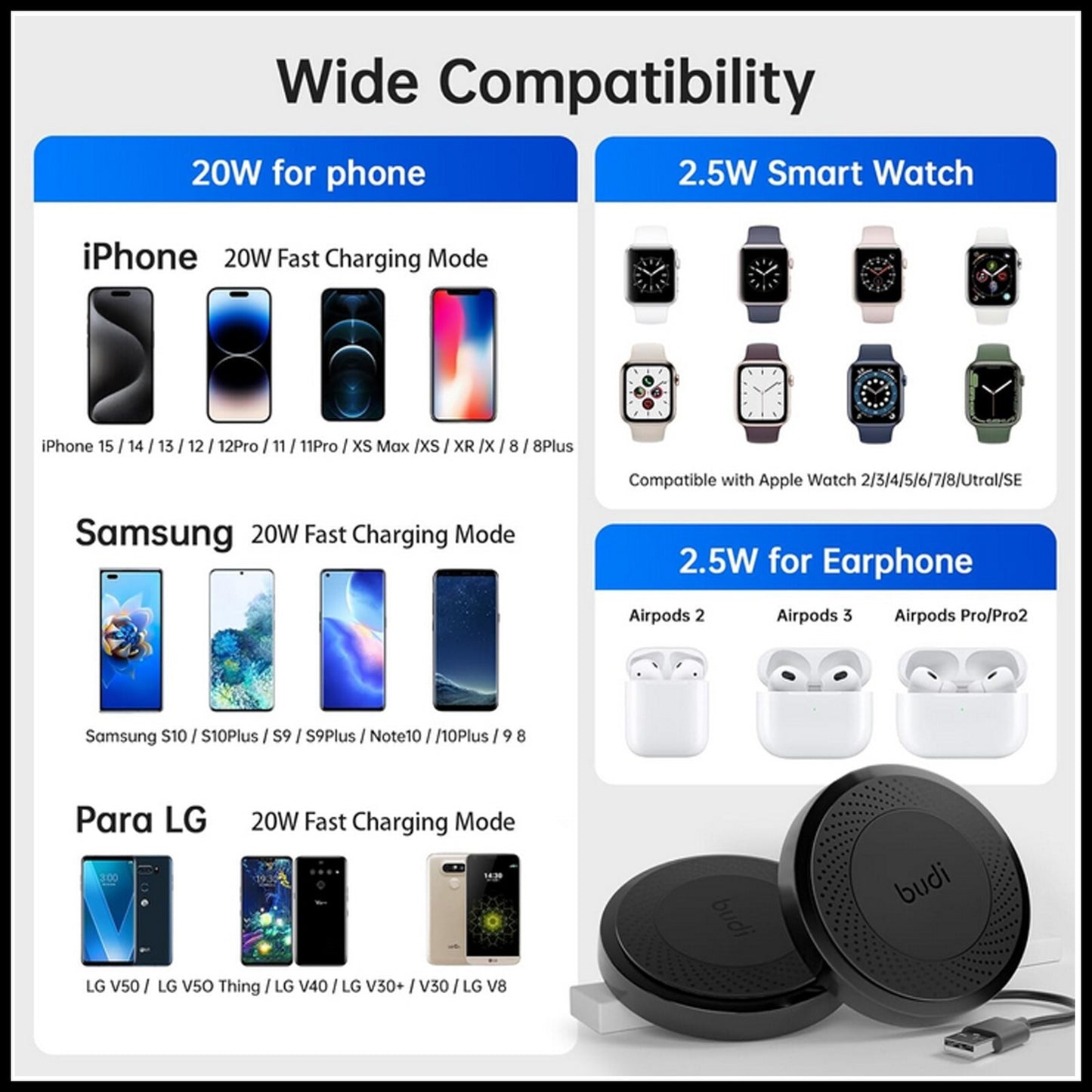 For Budi 10W Wireless Charger Pad For Mobile Devices-Qi Fast Charging USB