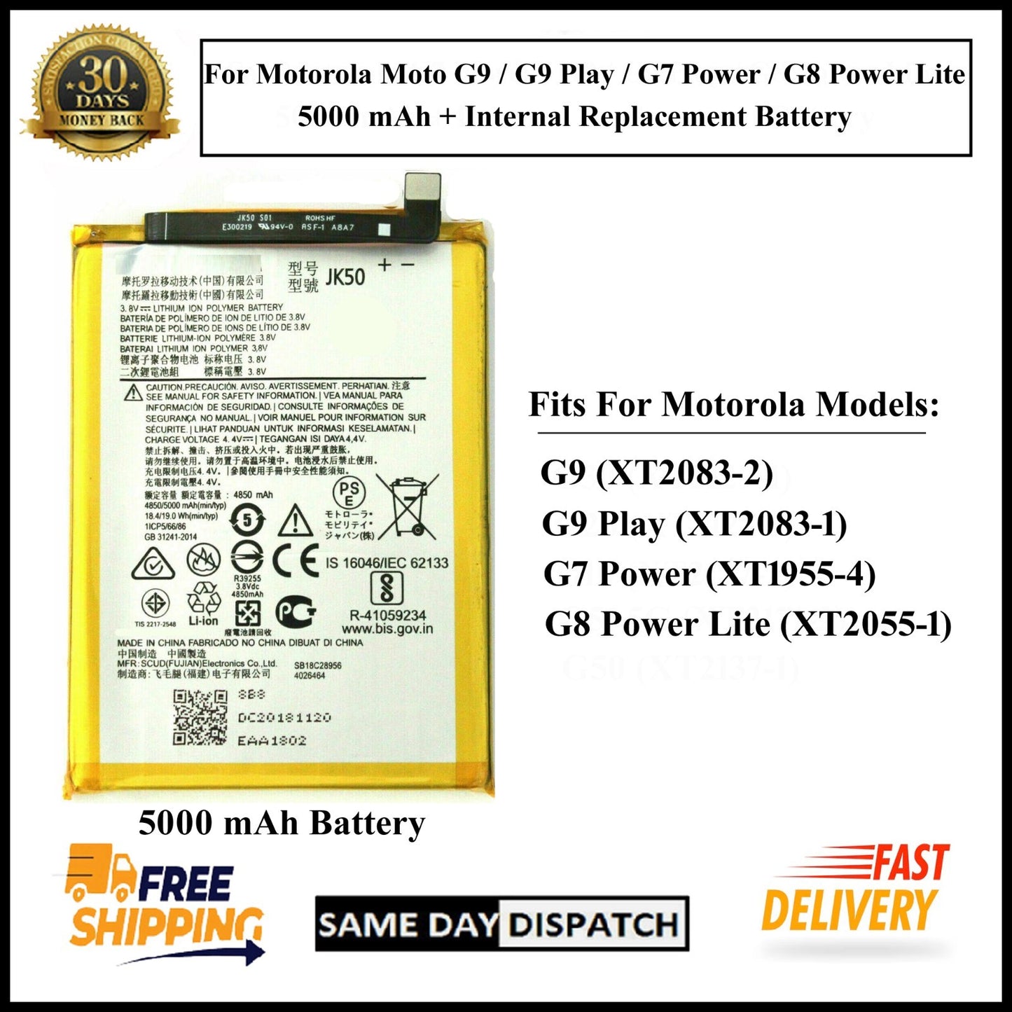Motorola Moto G9/G9 Play/G7 Power/G8 Power Lite (JK50) 5000mAh+ Internal Battery