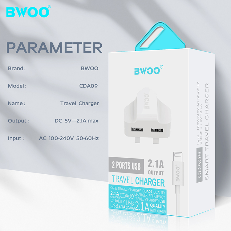 BWOO Fast Charging Dual ( 2 Usb Port )/ 3 Pin Mains Wall Plug Adapter With Cable